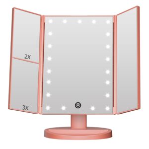 FASCINATE Lighted Makeup Mirror, Feature 21 Bright LED Lights, Dimmable Brightness, One Touch Power Switch, Multiple Magnifying Option (3x/2x/1x) Trifold LED Vanity Mirror, 180 Degrees