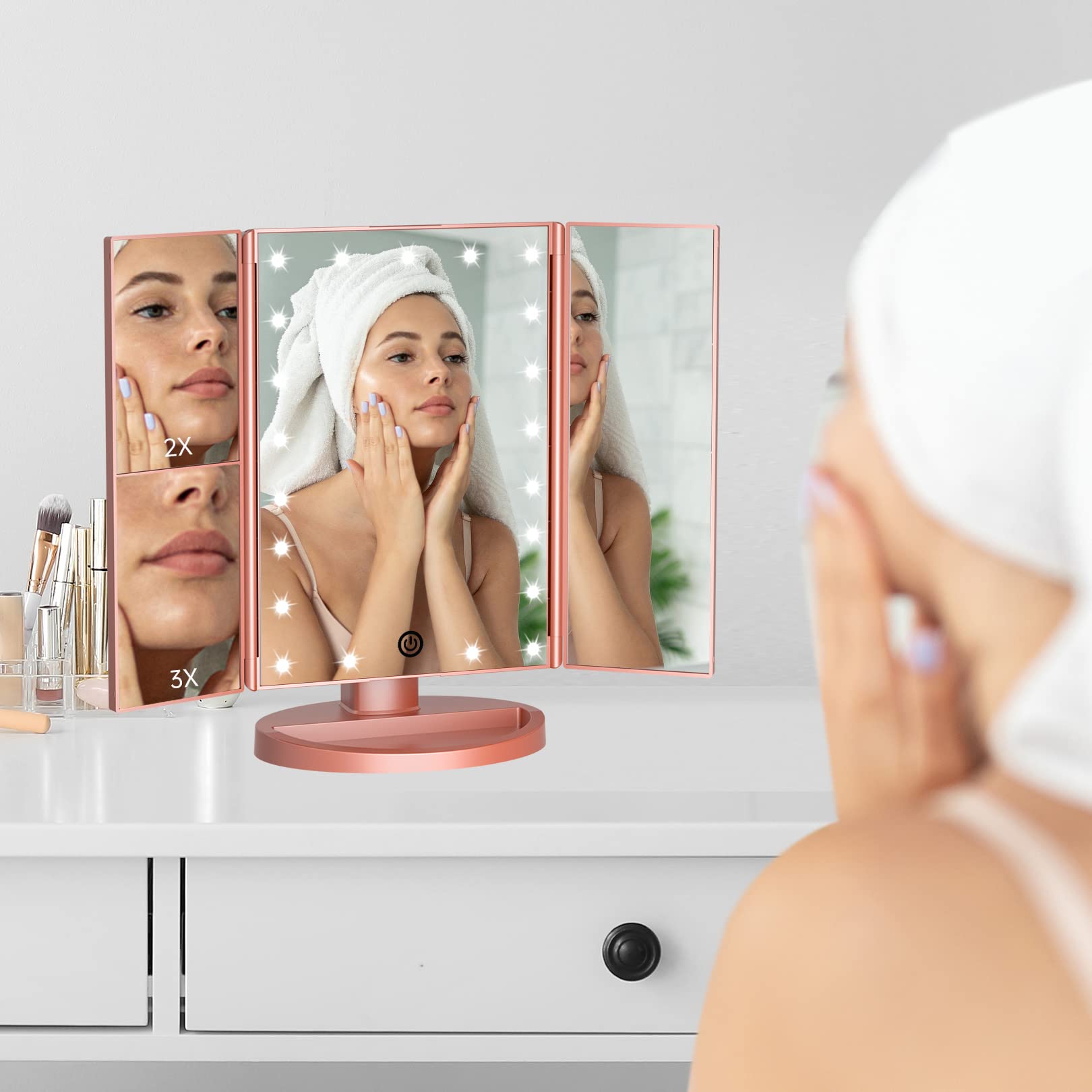 FASCINATE Lighted Makeup Mirror, Feature 21 Bright LED Lights, Dimmable Brightness, One Touch Power Switch, Multiple Magnifying Option (3x/2x/1x) Trifold LED Vanity Mirror, 180 Degrees