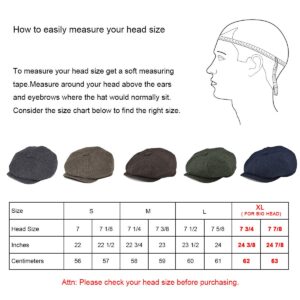 BOTVELA Men's 8 Panel Wool Blend Newsboy Flat Cap Herringbone Tweed Hat (Black, 7 3/8)