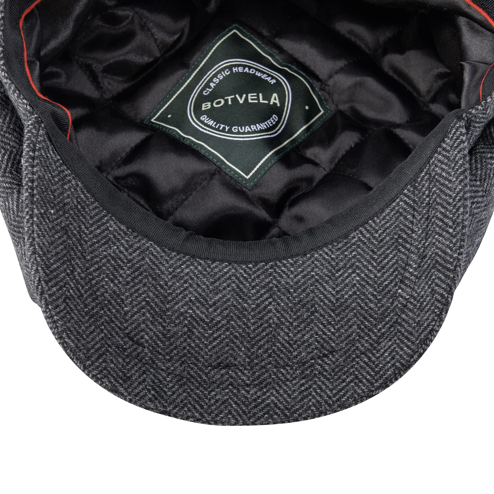 BOTVELA Men's 8 Panel Wool Blend Newsboy Flat Cap Herringbone Tweed Hat (Black, 7 3/8)