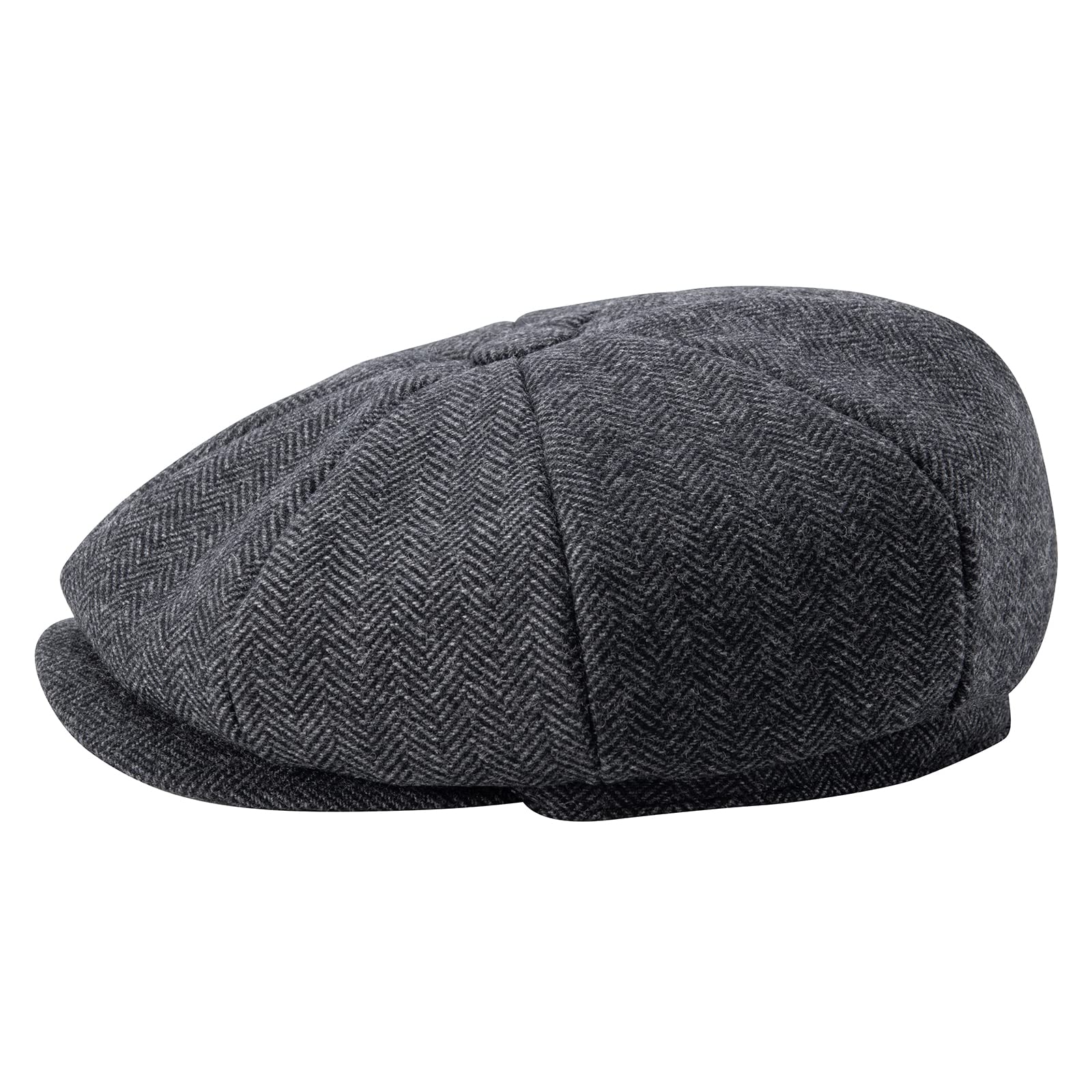 BOTVELA Men's 8 Panel Wool Blend Newsboy Flat Cap Herringbone Tweed Hat (Black, 7 3/8)