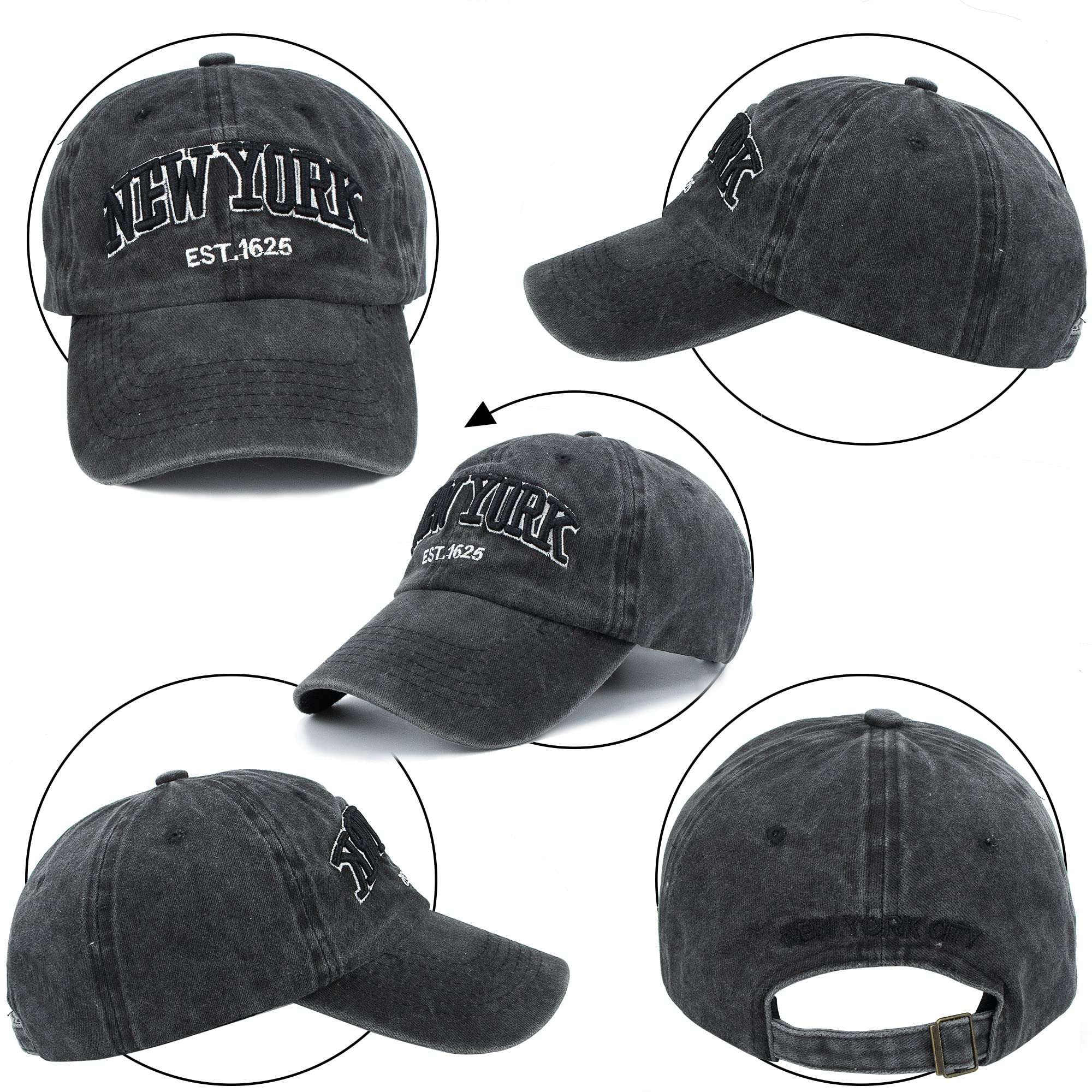 Baseball Hat New-York Distressed-Adjustable-Strapback - Washed Twill Dad Hat Unisex Black