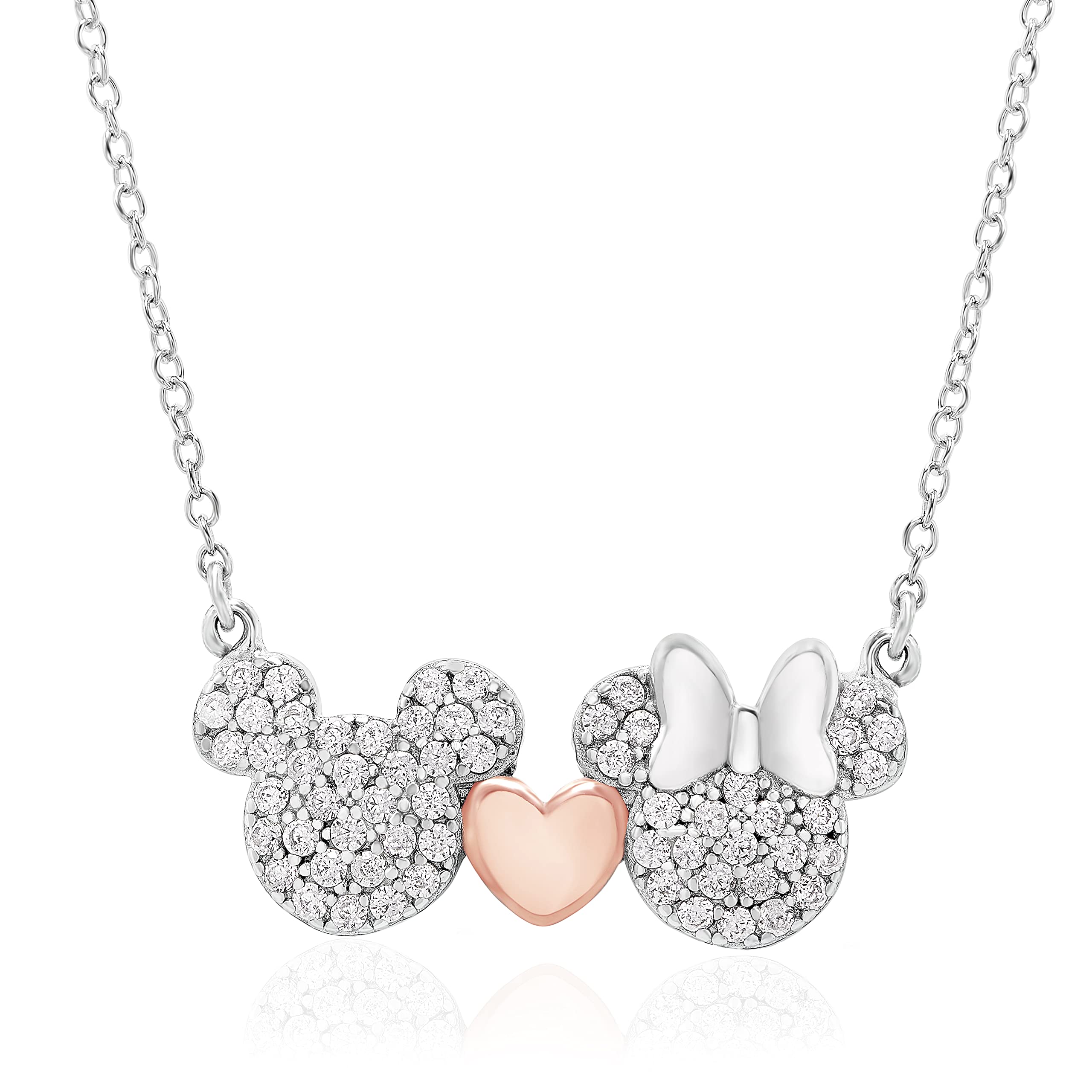 Disney Mickey and Minnie Mouse Sterling Silver Two Tone Cubic Zirconia Necklace with Pink Heart; Jewelry for Women, 18"