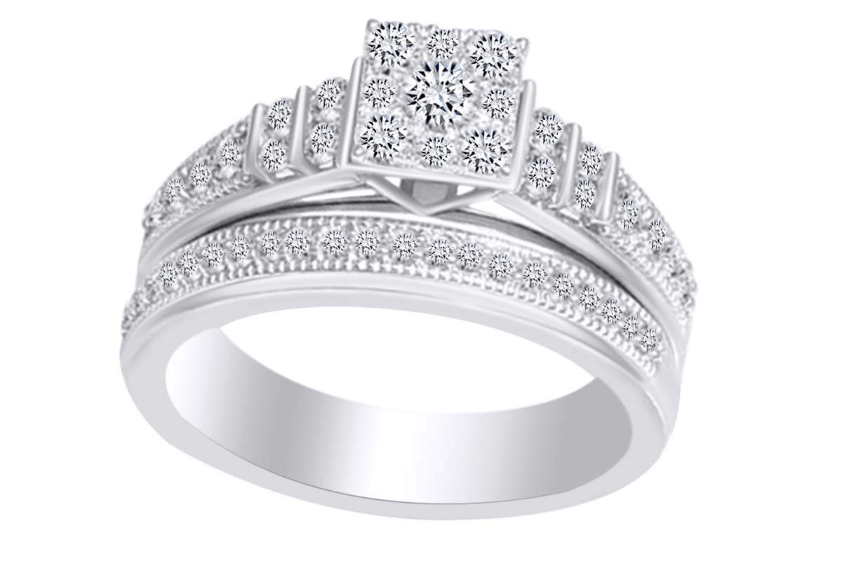 AFFY Round Shape White Cubic Zirconia Bridal Engagement Wedding Ring in 10k Solid White Gold (0.75 cttw) Ring Size-9.5