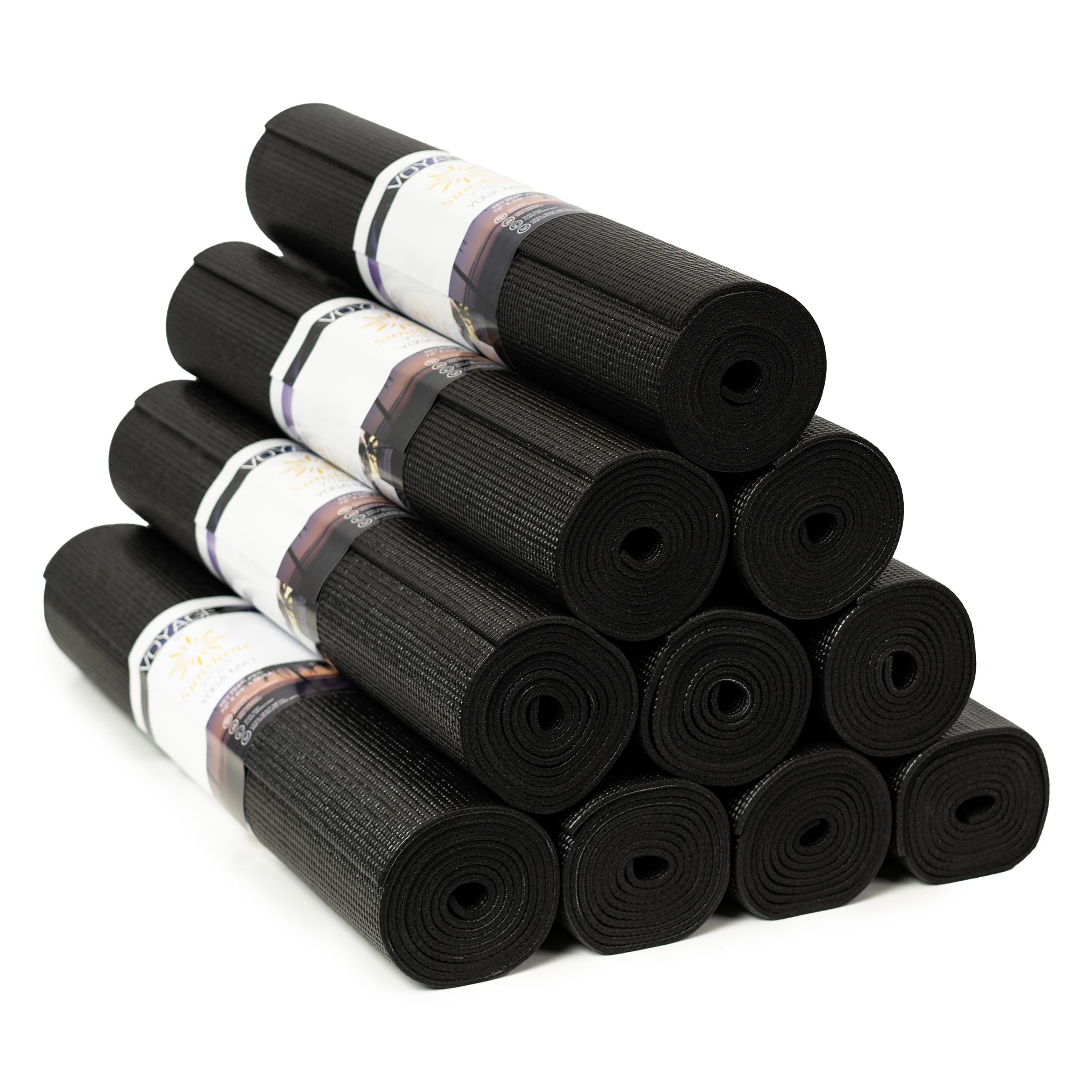 Sunshine Yoga Voyage Yoga Mat, 10 Pack, 72" x 24" Extra Long Exercise Mat, 5mm Thick Bulk Yoga Mats for Schools, Anti-Tear, Non Slip Fitness Mat for Gym or Studio, Black