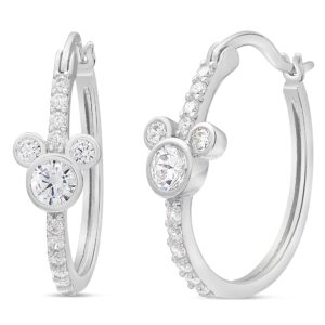 Disney Jewelry for Women Mickey Mouse Sterling Silver Cubic Zirconia Hoop Earrings, April Birthstone