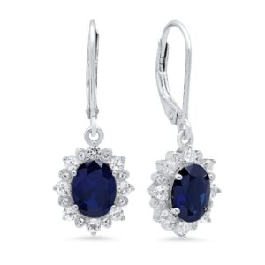 parade of jewels 925 sterling silver halo sunburst created blue sapphire oval dangle earrings for women | 8x6mm september birthstone with leverback white topaz accent stones