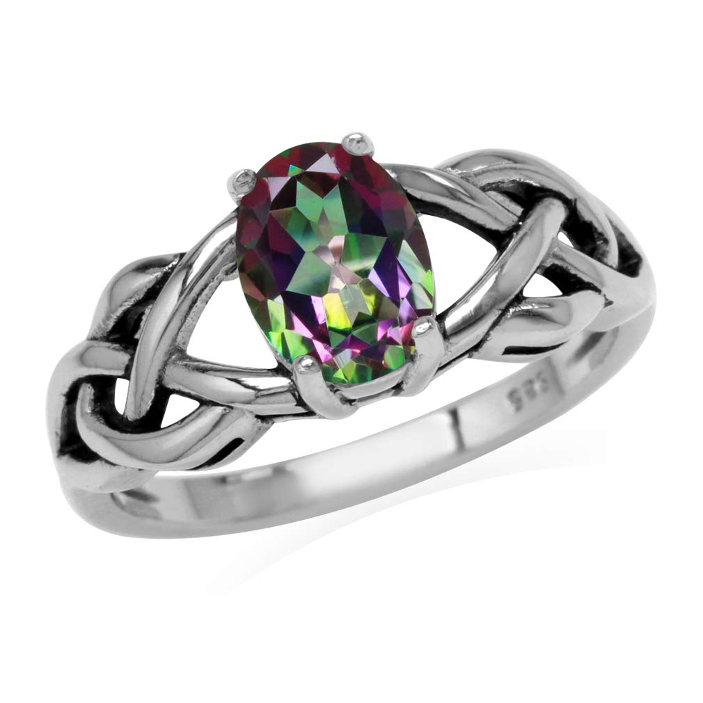 Silvershake 1.44ct. 8X6mm Oval Shape Mystic Fire Topaz 925 Sterling Silver Celtic Knot Solitaire Ring Size 8.5