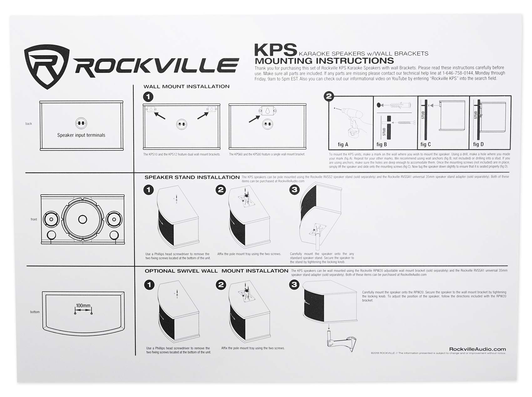 Rockville Pair KPS65 2-Way 400 Watt Karaoke Speakers+Wall Brackets/MDF, Black, 6.5"