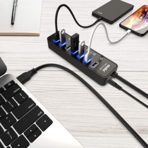 Powered USB Hub 3.0, Atolla 7-Port USB Data Hub Splitter with One Smart Charging Port and Individual On/Off Switches and 5V/4A Power Adapter USB Extension for MacBook, Mac Pro/Mini and More.