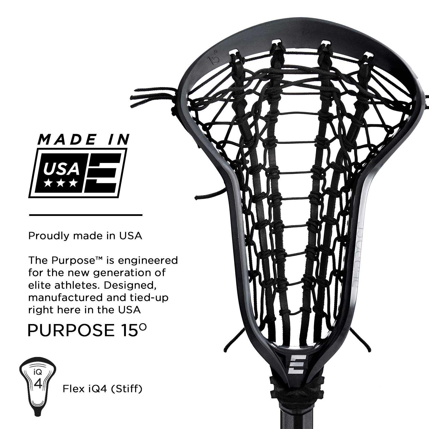 Epoch Lacrosse - Women's Purpose 15 Lacrosse Head with Ladder Pocket, Strung Head, 15-Degree Bottom Rail, Composite Injected Polymer, Crafted in USA - Black