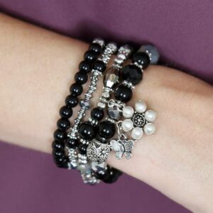 RIAH FASHION Bohemian Multi Strand Faux Pearl Bracelets - Layer Beaded Statement Stretch Lovely Crystal Bangles Star, Heart (Butterfly - Black)