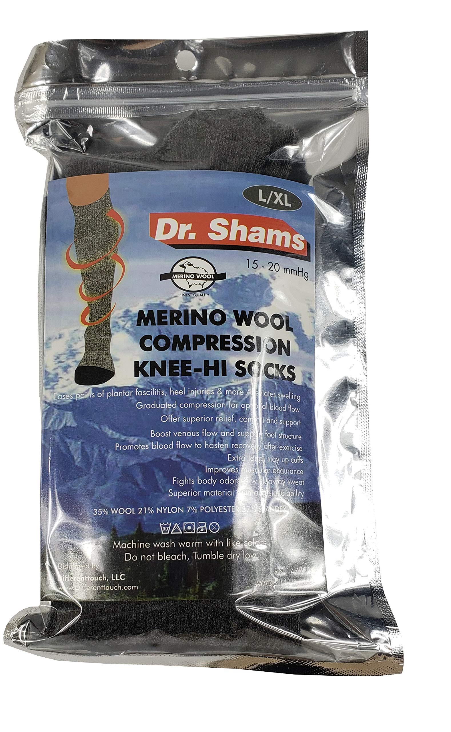 Dr. Shams Merino Wool Compression Knee High Socks Ideal for, Hiking , Travel-Sports-Nurses-Reduces Swelling (Charcoal, Large/X-Large)