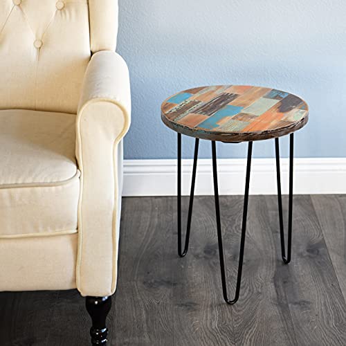 WELLAND Side Table Reclaimed Wood, Round Hairpin Leg End Table, Night Stand, Recycled Boat Wood, 20" Tall