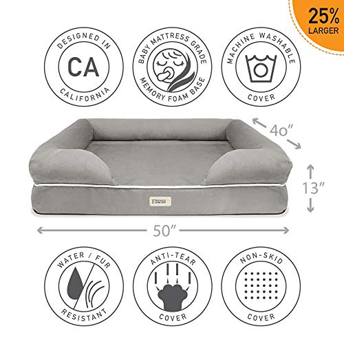 Friends Forever XX-Large Dog Bed, Orthopedic Dog Sofa Memory Foam Mattress, Calming Dog Couch Bed, Wall Rim Pillow, Water Resistant Liner, Washable Cover, Non-Slip Bottom, Chester, XX-Large Grey