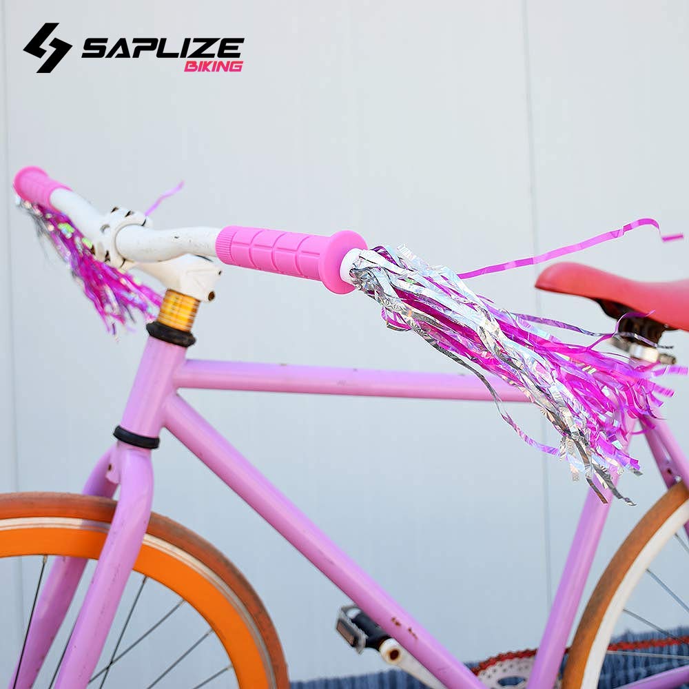 SAPLIZE Bike Handlebar Grips, for Kids Girls Boys Bikes, Balance Bikes, Road Bikes and Scooters, Length 4.9", with Tassel Streamers, Pink