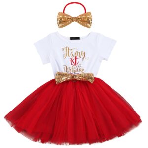 Kids Girl Princess It's My 1st/2nd Birthday Party Cake Smash Boutique Outfit Sequin Bow Tie Tulle Tutu Dress Clothes Gold Headband+Red(1 Years)