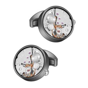 MERIT OCEAN Movement Cufflinks Steampunk Watch Mens Shirt Vintage Watch Cuff Links Business Wedding Gifts (Silver in The Middle)