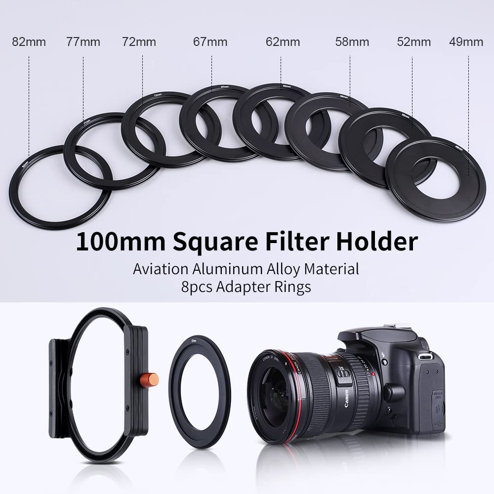 K&F Concept Metal Filter Holder + 8 Filter Adapter Rings (49/52/58/62/67/72/77/82mm) for Square Lens Filter