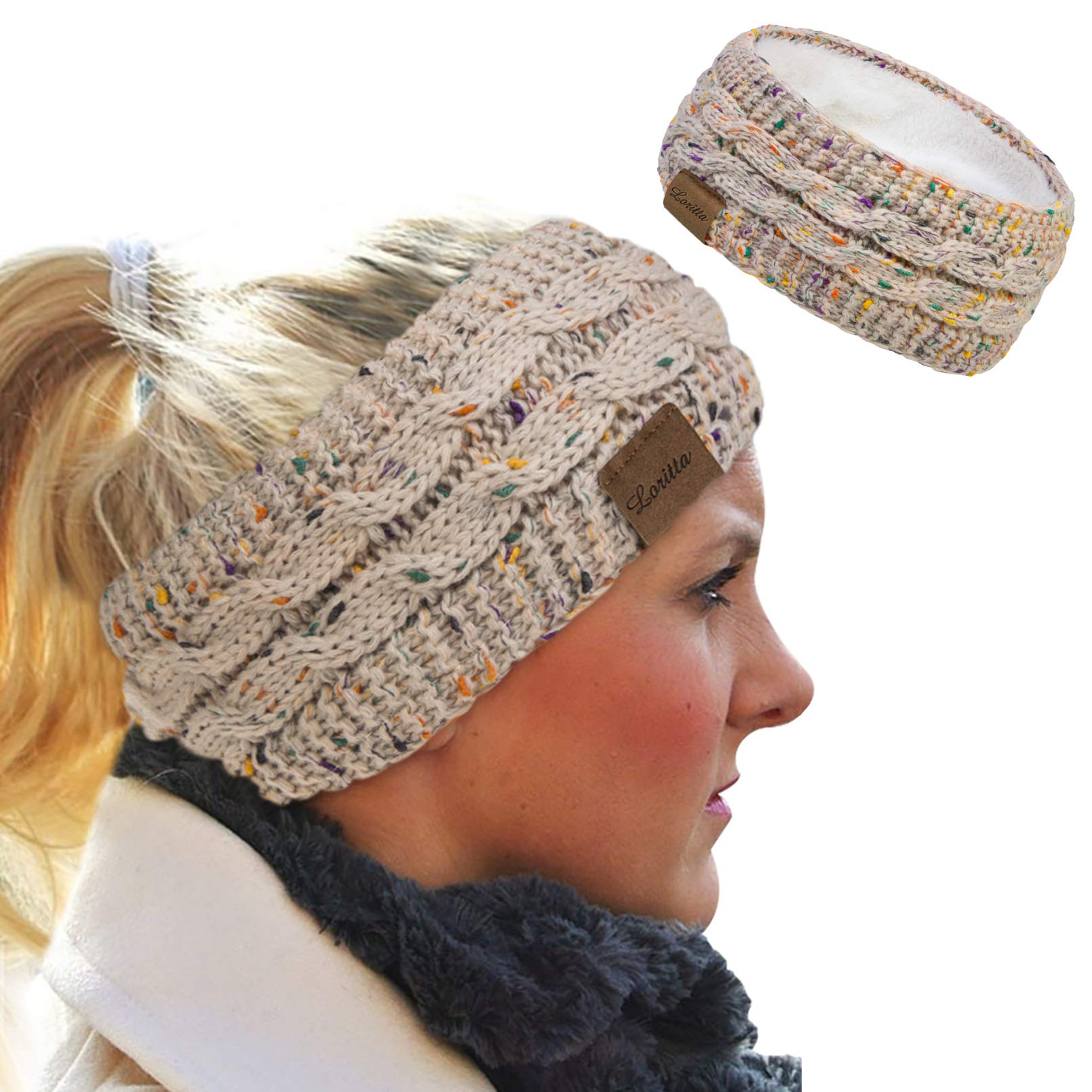 Loritta Womens Ear Warmers Headbands Winter Warm Fuzzy Cable Knit Head Wrap Fleece Lined Gifts,Beige