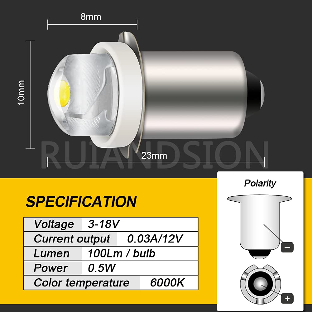 Ruiandsion 2pcs P13.5S LED Bulb 3-18V COB 0.5W 3V 4.5V 6V 9V 18V Upgrade for Flashlight Torch Work Lights,White