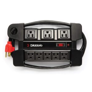 d'addario accessories tour-grade power base - base protector - stage power strip with 6 ft cable - 5 standard and 3 transformer- guitar amp outlet - music surge protector with indicator light