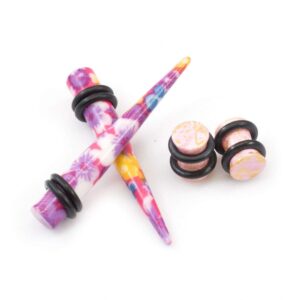 BodyJewelryOnline Ear Plugs with Tapers Stretching kit Colorful Flower Design with O rings.