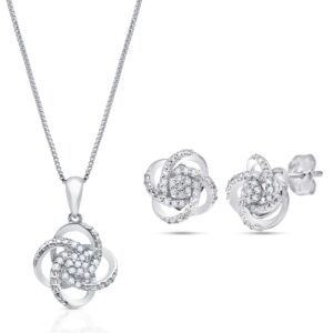 MAX + STONE 1/4 Carat Natural Diamond Love Knot Stud Earrings and Pendant Necklace for Women in 925 Sterling Silver (I2-I3, 0.25 ct.tw) Diamond Jewelry Set