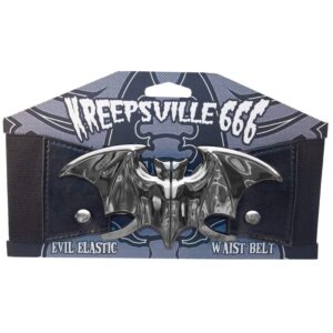 kreepsville 666 Elastic Waist Belt Bat Silver Elastic Split Buckle Fastening, Black, Silver, Large/X-Large