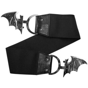 kreepsville 666 Elastic Waist Belt Bat Silver Elastic Split Buckle Fastening, Black, Silver, Large/X-Large