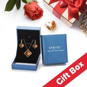 EVEVIC Square Austrian Crystal Necklace Earrings Set for Women 18K Gold Plated Jewelry Set (Brown)