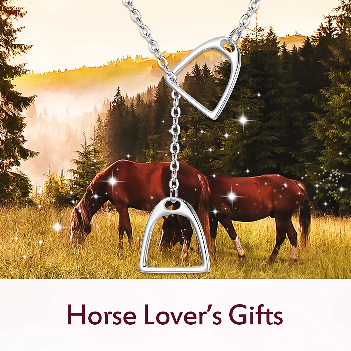 FANZE Double Horse Stirrup Lariat Necklace Y Style Layered Horseshoe Pendant Embrace Horse Necklace Horse Gifts For Women