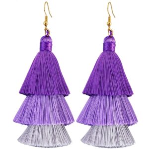 SUNYIK Gradual Purple Color Tiered Thread Layered Tassel Dangle Earrings for Women