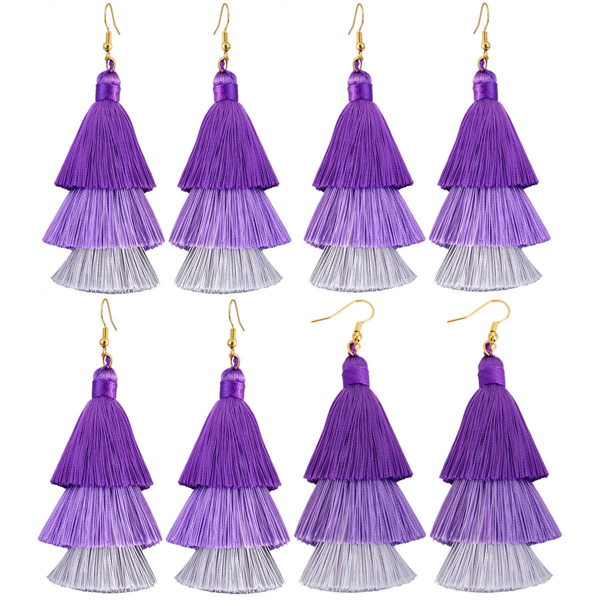 SUNYIK Gradual Purple Color Tiered Thread Layered Tassel Dangle Earrings for Women