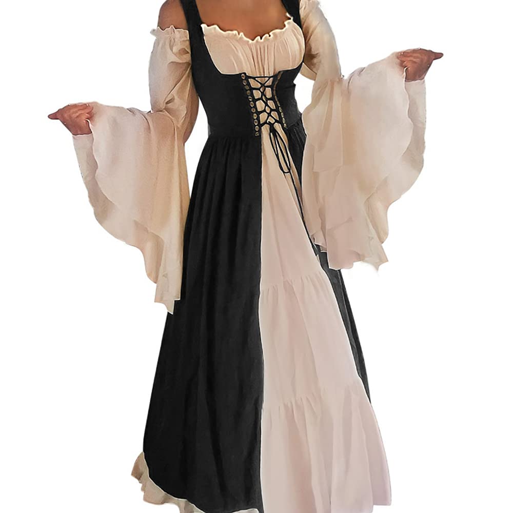 Abaowedding Womens's Medieval Renaissance Costume Cosplay Chemise and Over Dress 2X-large/3X-Large Black and Ivory