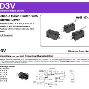 Snap Micro Switch D3V-16G-1C25 D3V-16G-3C25 Microwave Oven Normally Open for Frigidaire 5304440026 Microwave (Pack of 2)