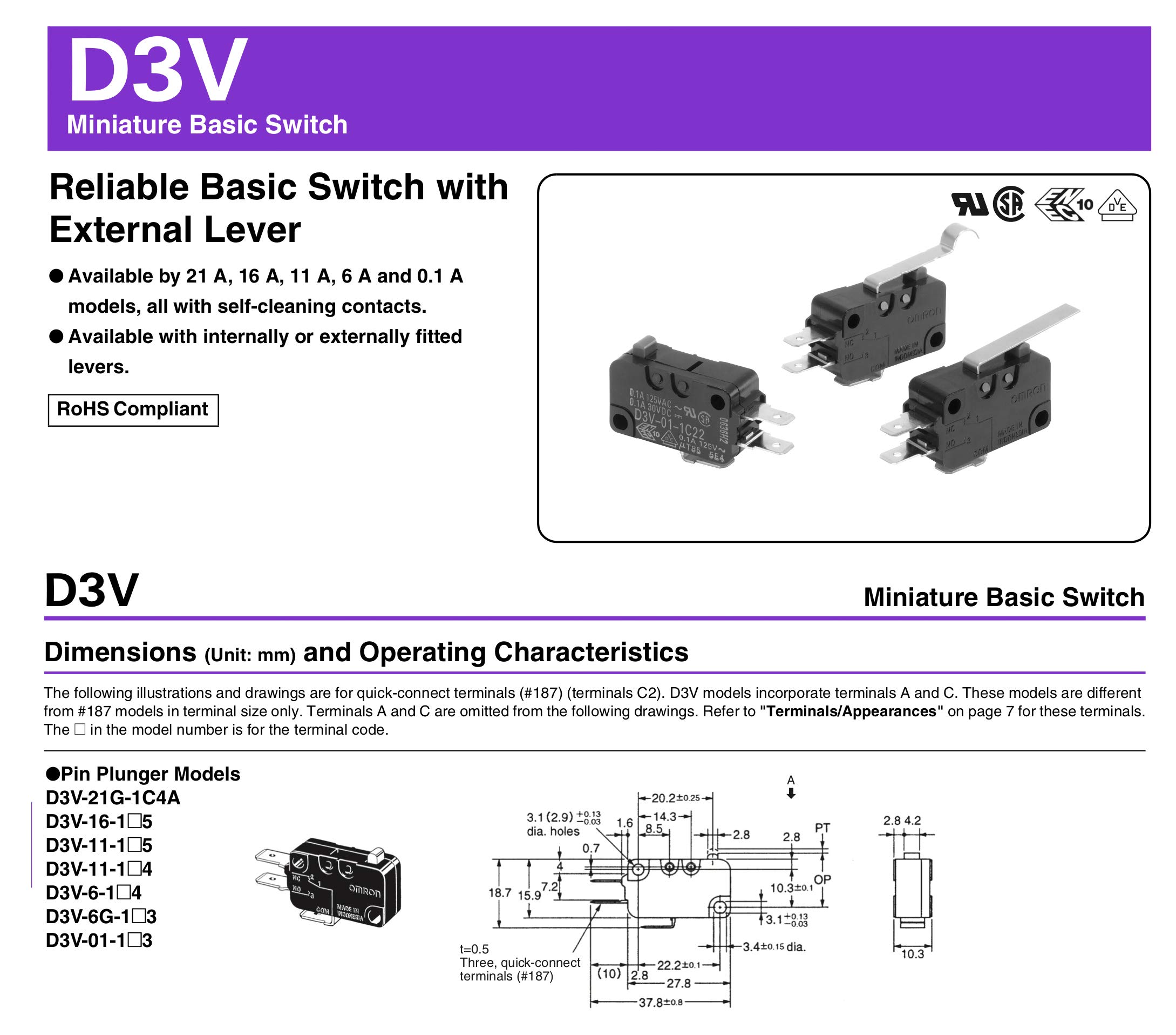 Snap Micro Switch D3V-16G-1C25 D3V-16G-3C25 Microwave Oven Normally Open for Frigidaire 5304440026 Microwave (Pack of 2)