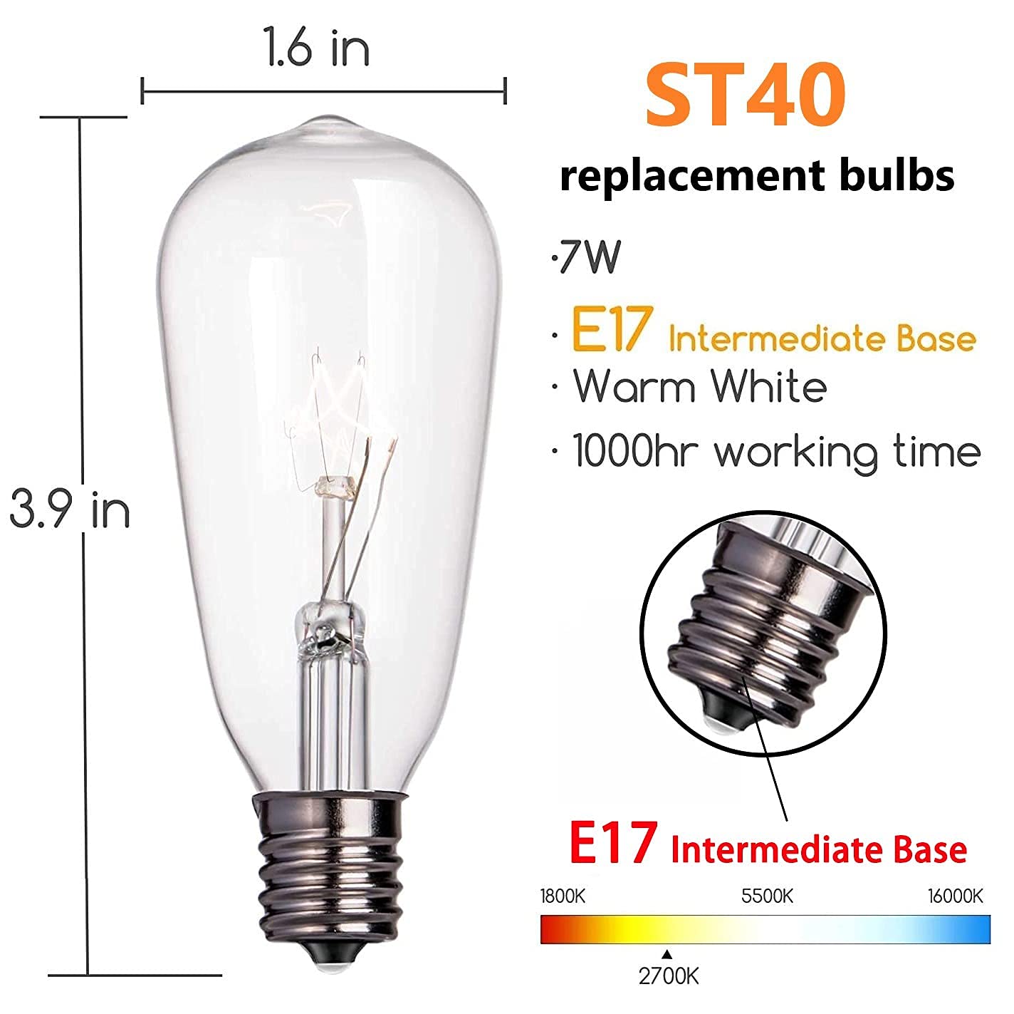 Abeja 10-Pack Edison Light Bulbs, ST40 Clear Edison Light Bulbs, 7 Watt/ E17 Screw Base ST40 Vintage Replacement Light Bulbs for Outdoor Patio ST40 String Lights, Warm White