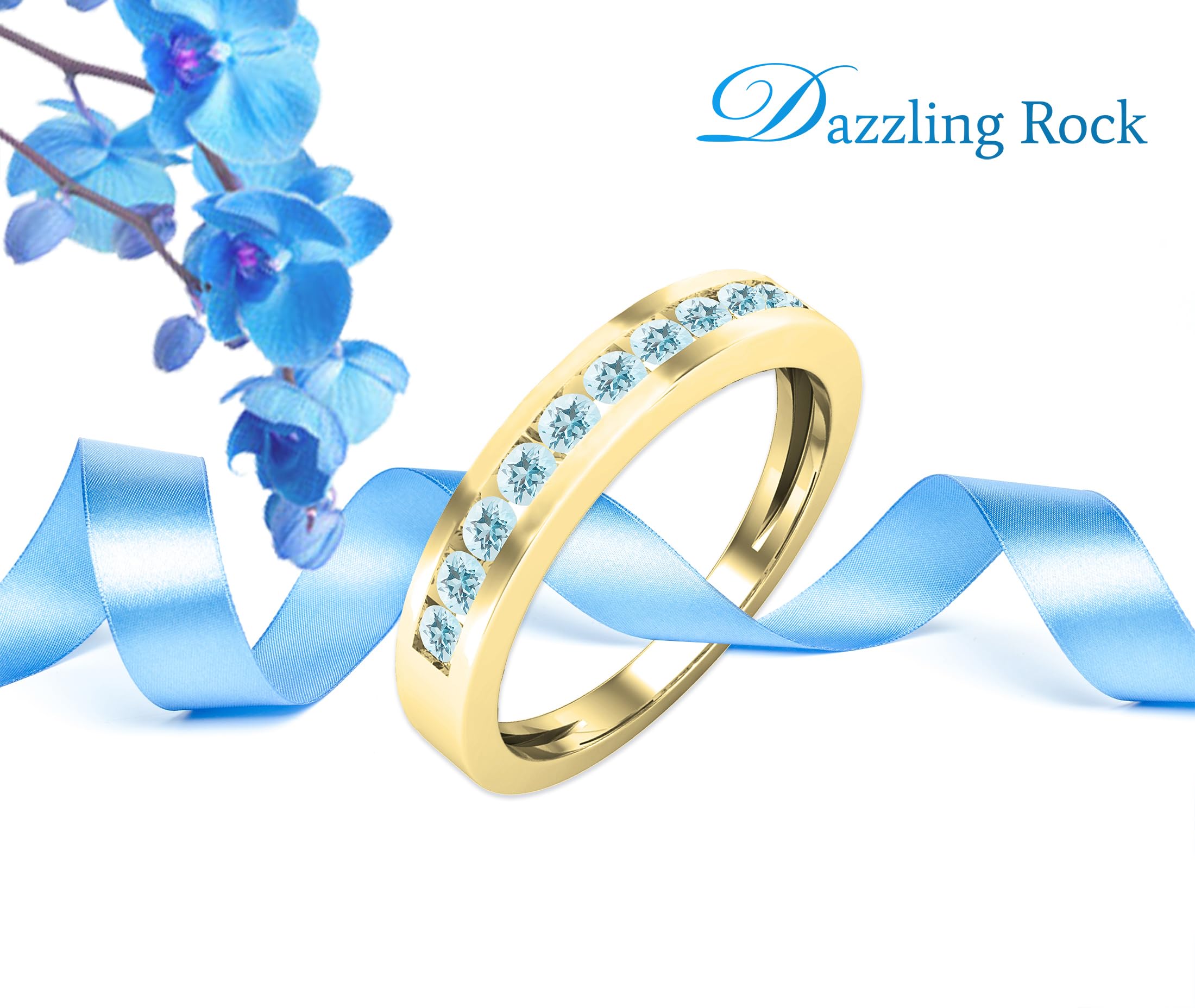 Dazzlingrock Collection Round Aquamarine Stackable Single Row Wedding Band for Women in 14K Yellow Gold, Size 7.5