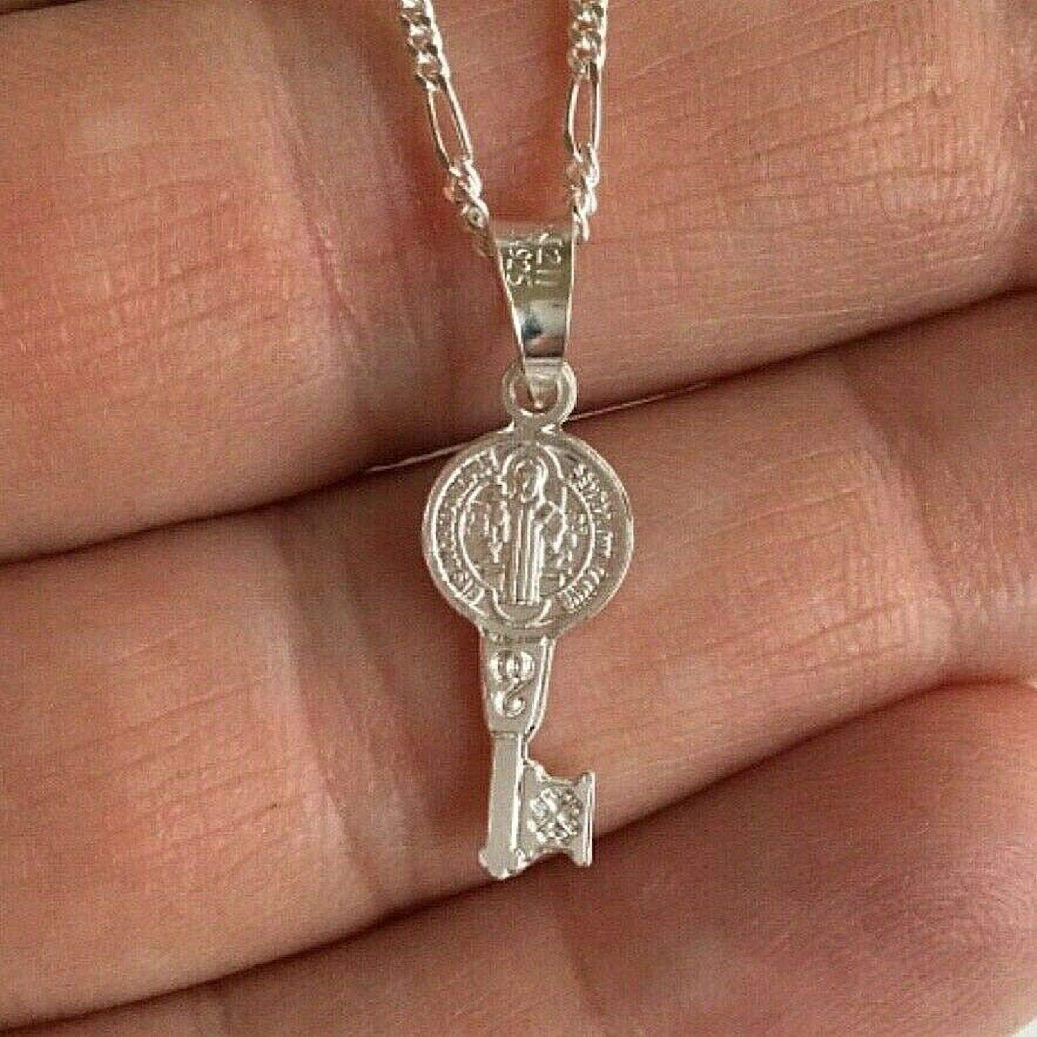 LUXURYGOLD888 925 STERLING SILVER SAINT BENEDICT KEY NECKLACE 18" LONG-22mm/CADENA DE SAN BENITO LLAVE 18" LARGO