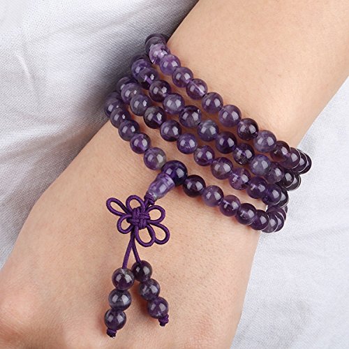 TUMBEELLUWA 6mm Stone Beads Bracelet for Women and Men, 108 Mala Prayer Beads Necklace for Unisex Elastic, Amethyst