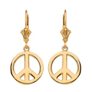 Polished 10k Yellow Gold Boho Peace Sign Leverback Earrings