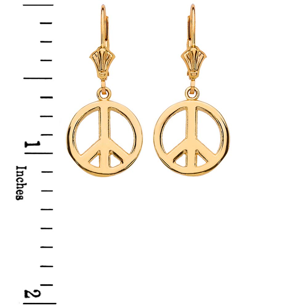 Polished 10k Yellow Gold Boho Peace Sign Leverback Earrings