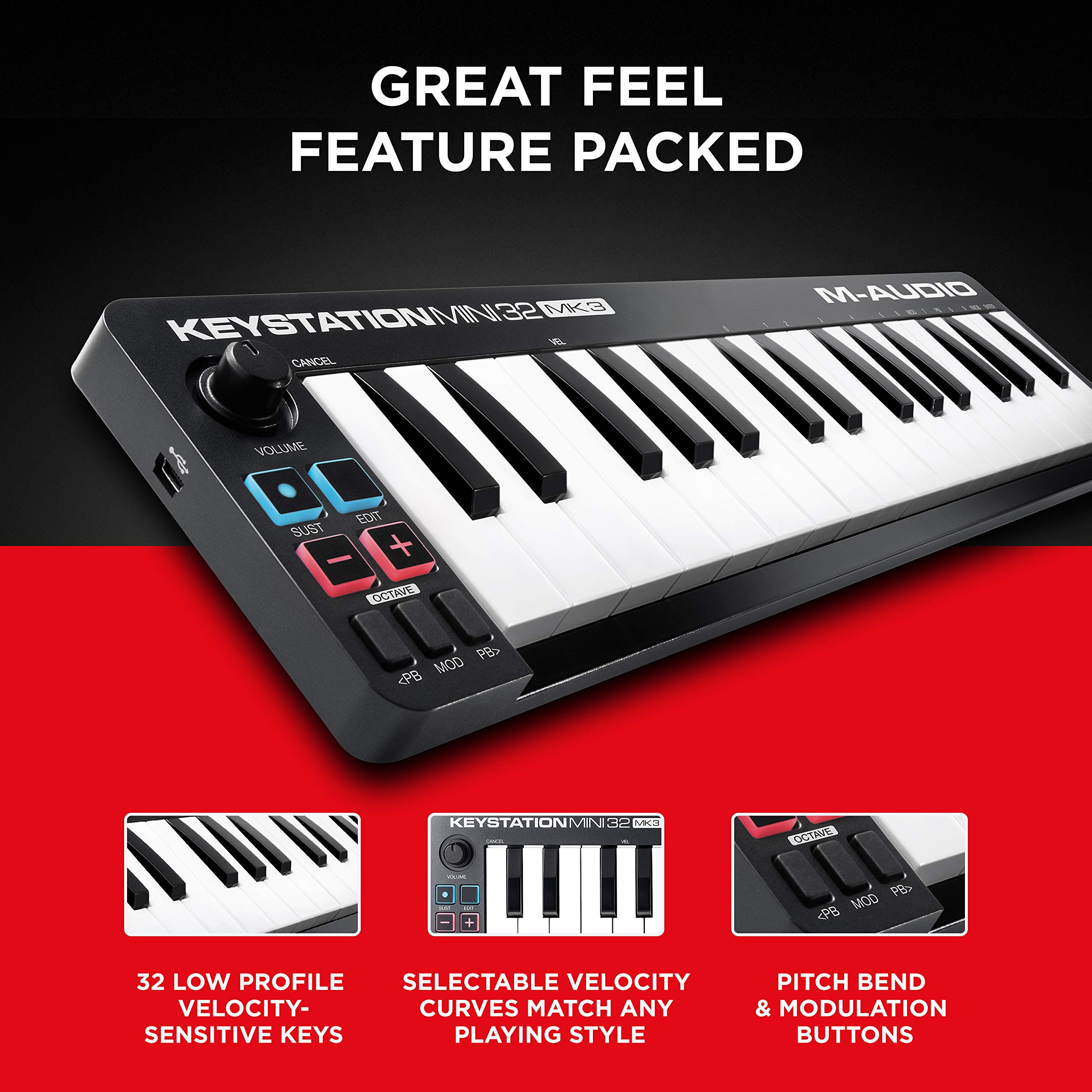 M-Audio Keystation Mini 32 MK3 - USB MIDI Keyboard Controller with 32 Velocity Sensitive Mini Keys and Recording Software Included