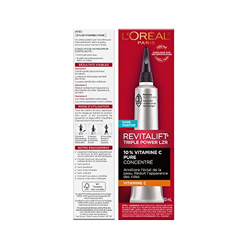 L'Oreal Paris Revitalift 10% Pure Vitamin C Face Serum, Brighter Skin, Reduced Wrinkles, Fragrance Free 1 0z.