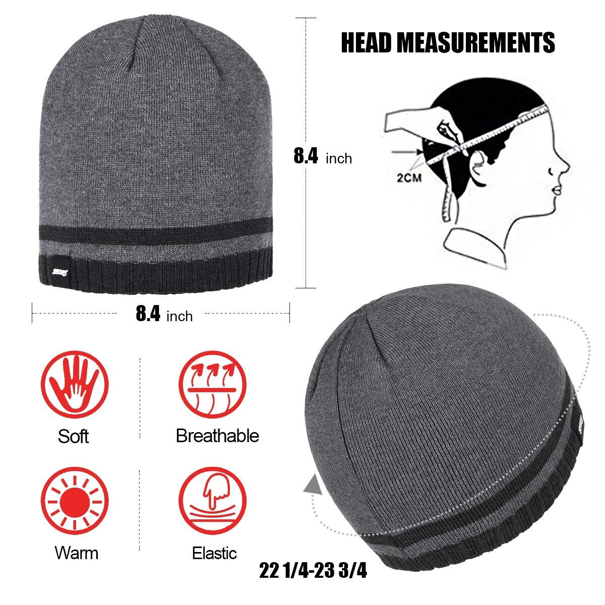 Bodvera Mens Winter Beanie Hat Warm Knit Cuffed Plain Toboggan Ski Skull Cap (3 Patterns)