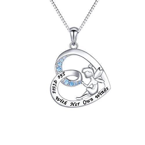 DAOCHONG S925 Sterling Silver Fairy with Angel Wings Engraved Inspirational She Flies With Her Own Wings Pendant Necklace for Princess Girls Women