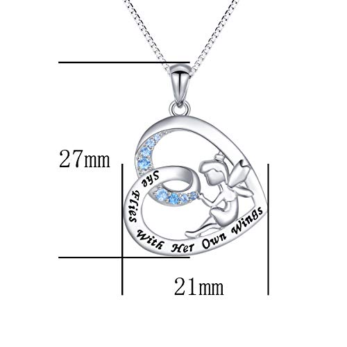 DAOCHONG S925 Sterling Silver Fairy with Angel Wings Engraved Inspirational She Flies With Her Own Wings Pendant Necklace for Princess Girls Women