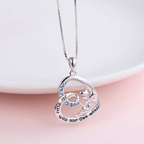 DAOCHONG S925 Sterling Silver Fairy with Angel Wings Engraved Inspirational She Flies With Her Own Wings Pendant Necklace for Princess Girls Women