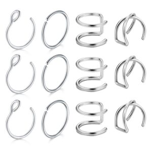 FECTAS 20G Fake Lip Rings Cartilage Earrings Ear Cuff Non-Pierced Clip On Faux Nose Ring Silver